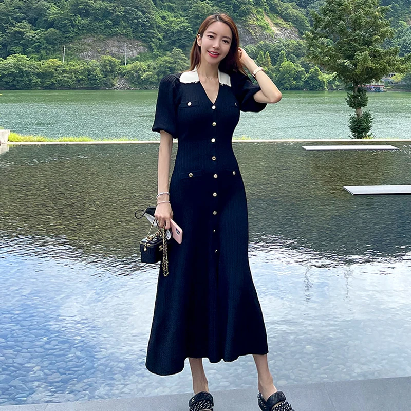 2022 Summer Womens New Korean Version High-End Temperament Chic Polo Collar Slim Knit Short Sleeve Fashion Elegant Dress