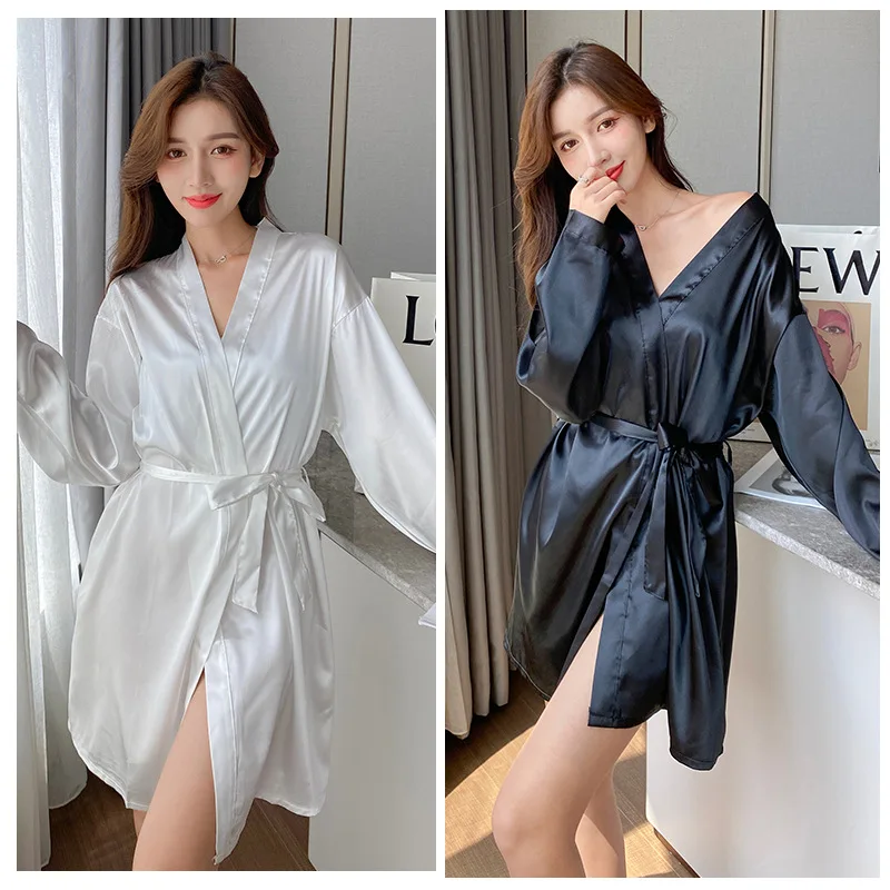

Pajamas for Women New Spring and Autumn Ice Silk Sexy Sweet Pure Color Silk Pajamas Nightgown Home Wear Sleep Tops
