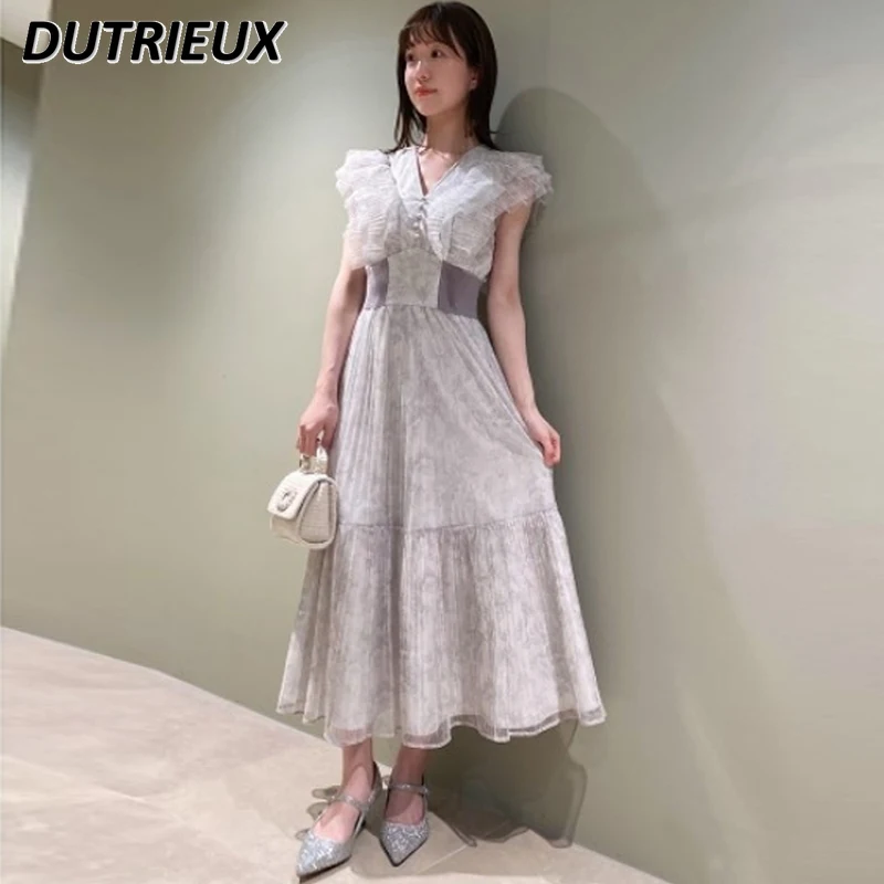 2023 Spring and Summer New Solid Color and V-neck Sleeveless Dress Refined Handmade Lace Waist Seal Tight Waist Slim Long Dress