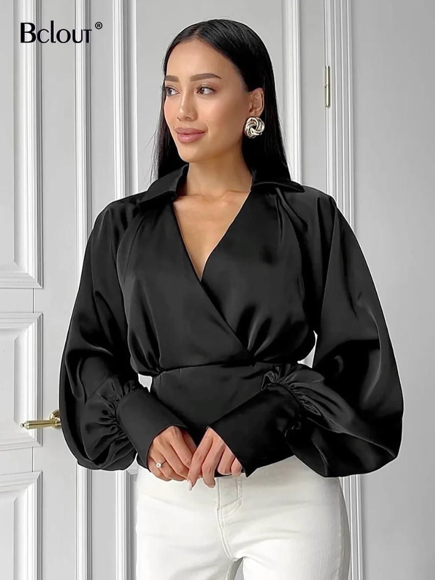 

Bclout Elegant Satin Black Shirts Blouses Women 2024 Fashion V-Neck Office Solid Slim Shirts Casual Long Sleeve Party Sexy Tops