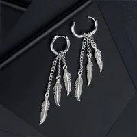 punk stainless steel feather hoop earrings for men women black silver goth jewelry vintage leaves pendant earring hip hop brinco
