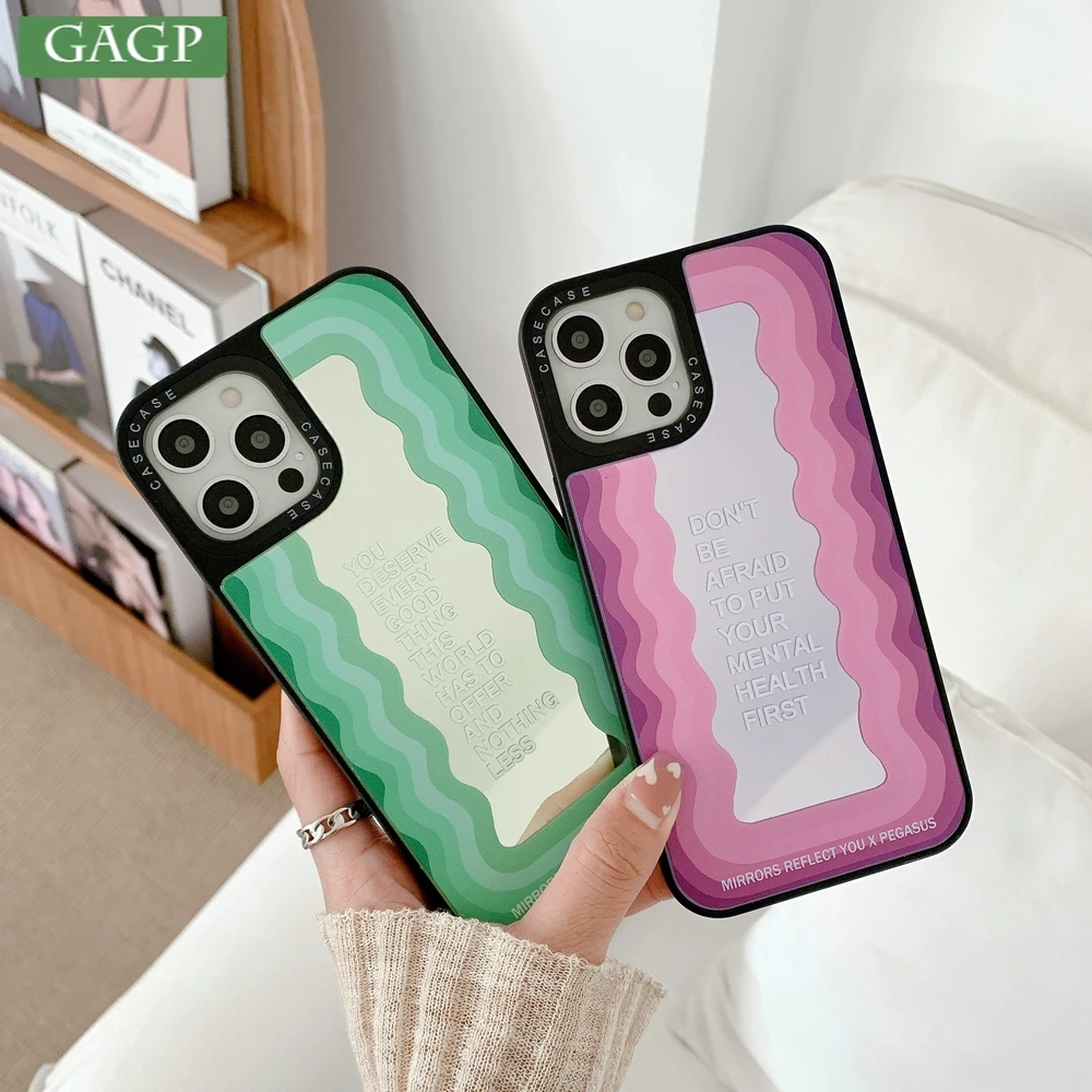 

INS Girl Real Mirror Case For iPhone 13 11 12 14 Pro Max X Xs Xr 7 8 14 Plus New Korean Fashion Rainbow Wave Pattern Back Cover