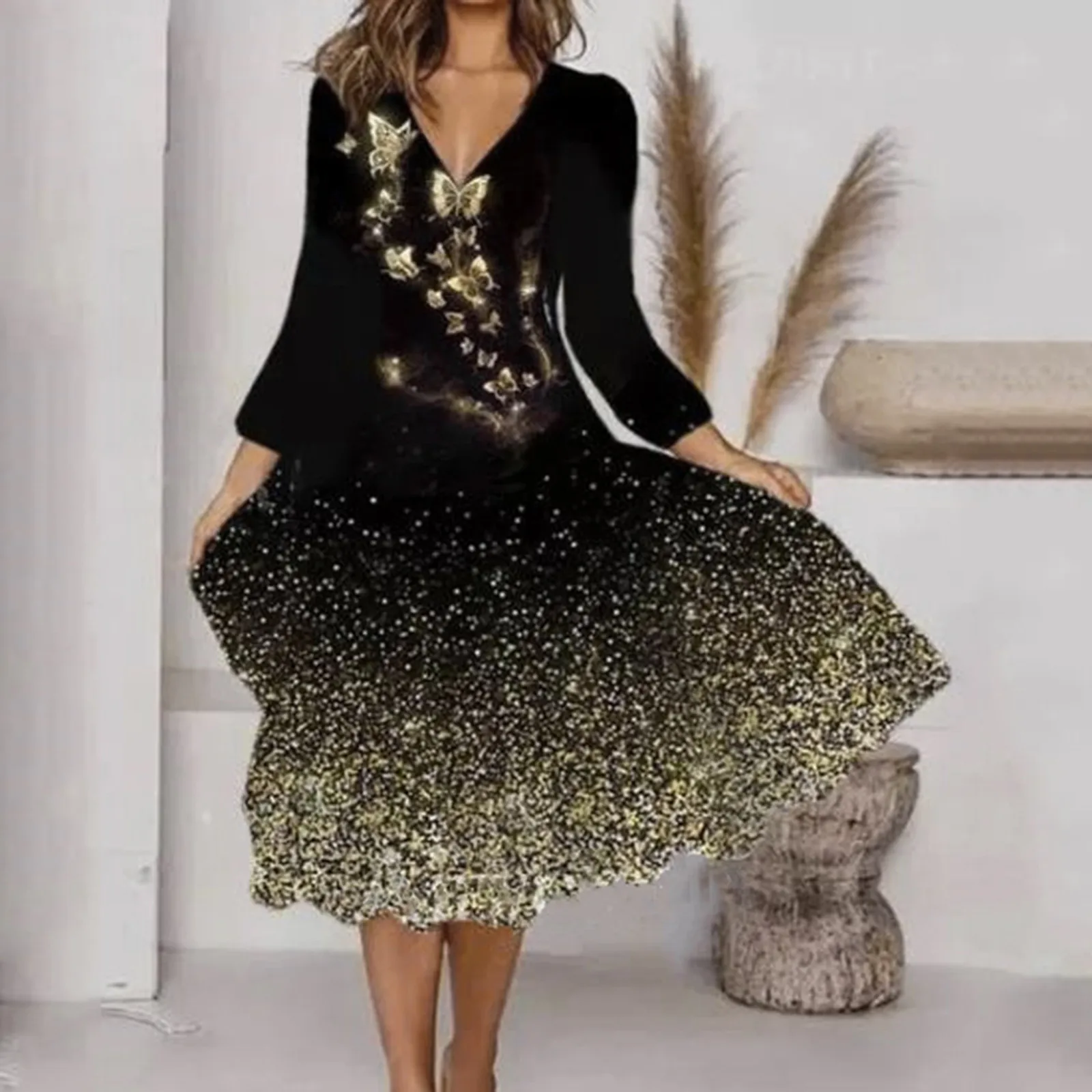 

Women's Fashion Printed Dress Loose V Neck Long Sleeve Elegant Party Evening Long Dress Autumn Spring Sexy A Line Swing Dresses
