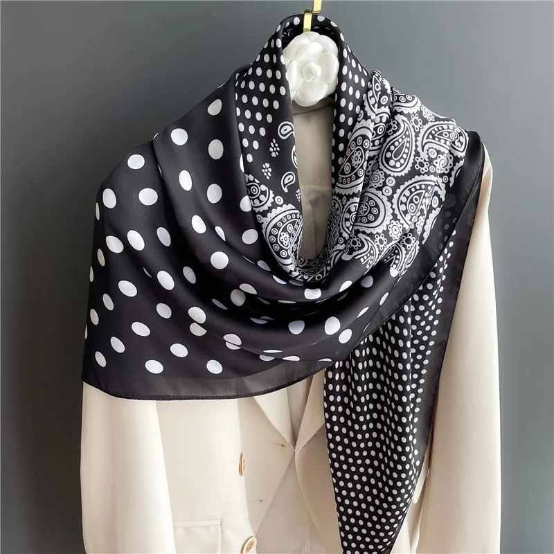 Корейский женский Шелковый клетчатый атласный шарф в горошек Женская дорожная накидка 110 см x 110 см летние уличные пляжные полотенца Солнцезащитная шаль V65