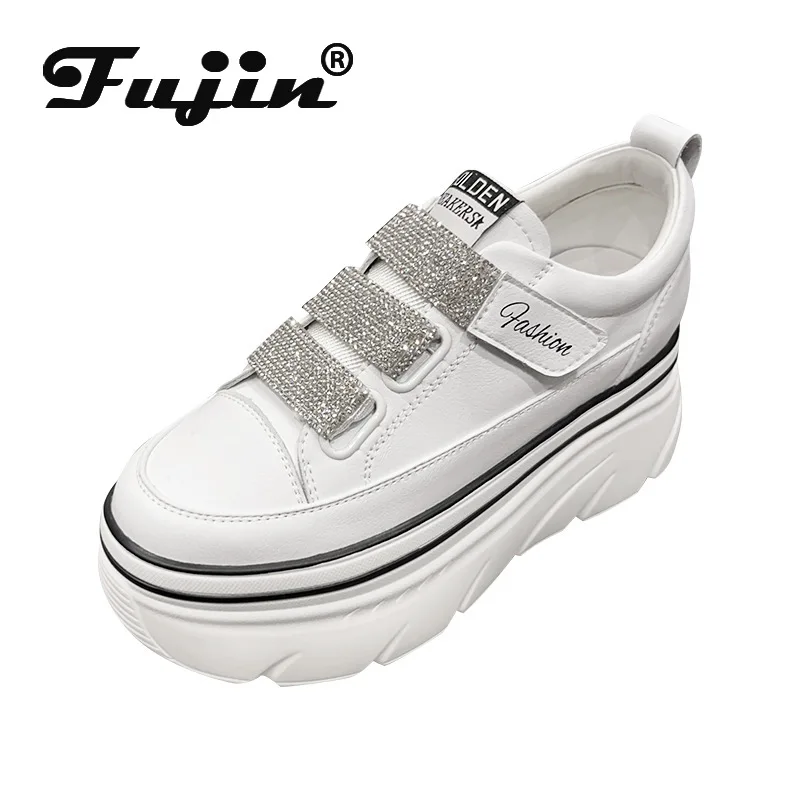 

Fujin 7cm Platform Wedge Genuine Leather Women Casual Summer Autumn Fashion Sneakers Rhinestones Hook Fashion Ladies Comfy Shoes