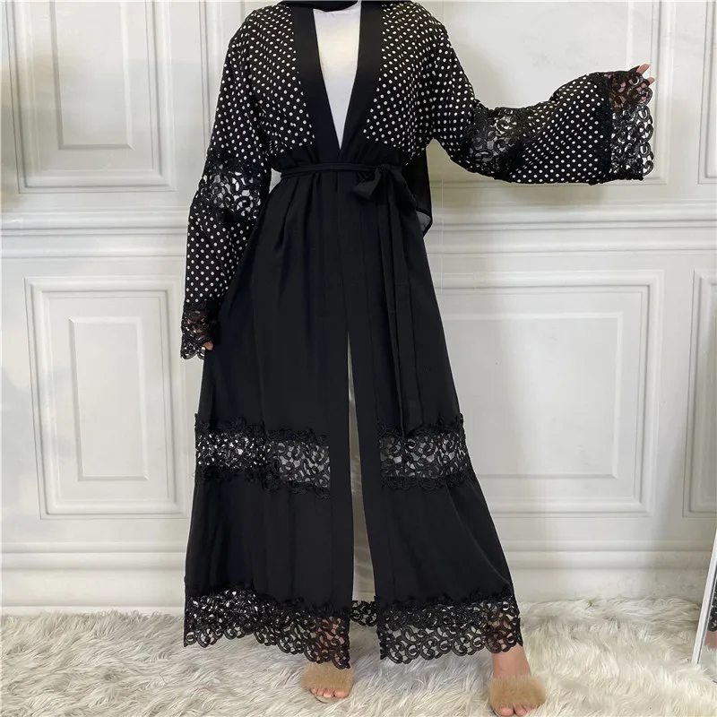 

Eid Open Abaya Kimono Dubai Turkey Muslim Hijab Dress Black Dot Saudi Arabia Abayas for Women Pakistani Cardigan Islam Clothing