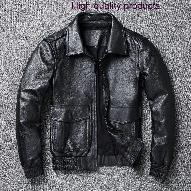 

Size Large Men's Pure Top Layer Cowhide A2 Air Force Flight Suit Lapel Loose Black Pilot Leather Jacket Trendy