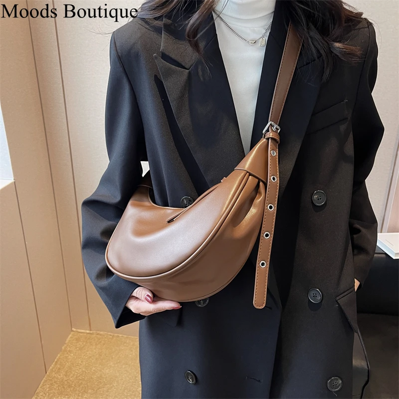 

MOODS Half Moon Hobo Bags For Women 2023 Latest Luxury Designer Handbag Soft PU Leather Pure Color Shoulder Crossbody Armpit Bag