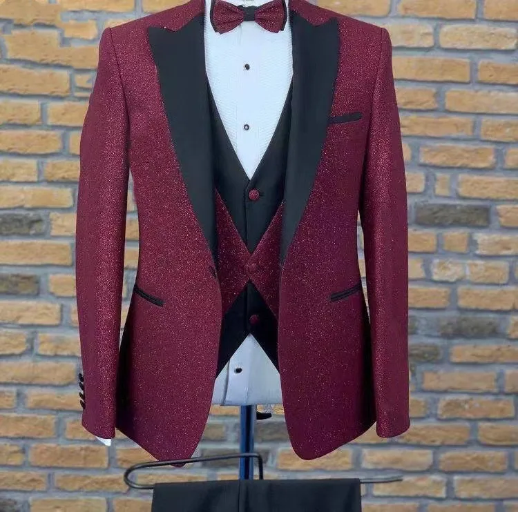 

Custom Suit Men 3 Pieces Groom Wedding Men Suits Set Fashion Shiny Burgundy mans Business Jackets Vest black Pants Dress Tuxedos