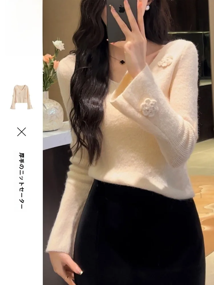 Мягкий клейкий свитер Milk Fufu с v-образным вырезом женский осенне-зимний 2024 новый