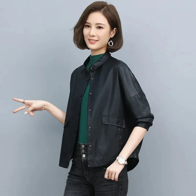 Basic Style Casual Leather Coat Women's Short 2022 Spring  Autumn Korean Casual Loose Top Yellow Short Leather Clothes for Lady