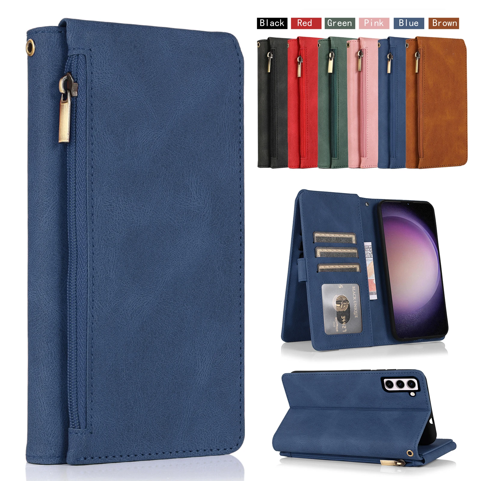

Flip Cover Leather Zip Pocket Vertical Bracket Wallet Phone Case For Samsung Galaxy S23 S22 Ultra S21 S20 Plus FE S10 Lite e A91
