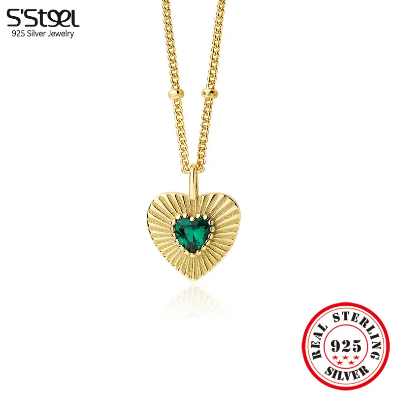

S'STEEL 925 Silver Original Love Heart Green Zircon Pendant Necklaces For Women Gold Chains Aesthetic Vintage Acessorios Jewlery