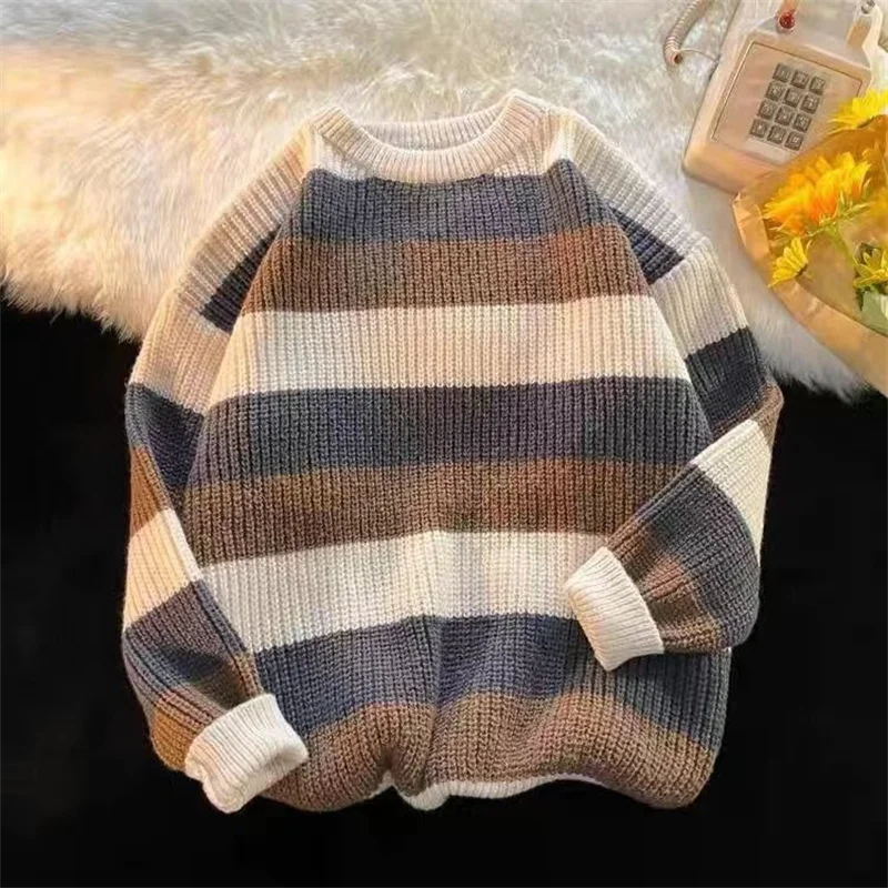 

Men's Striped Sweater Loose Casual Thick Knit Sweater Men's and Women's Pullovers Color-blocking Soft Waxy Couple Sweaters