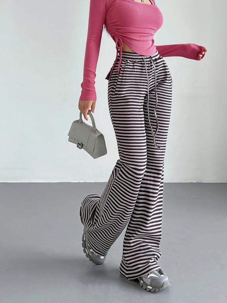 

TVVOVVIN Casual High Waist Loose Drawstring Contrast Stripe Knitted Flare Pants Autumn Winter Women Casual Trousers 1YLQ