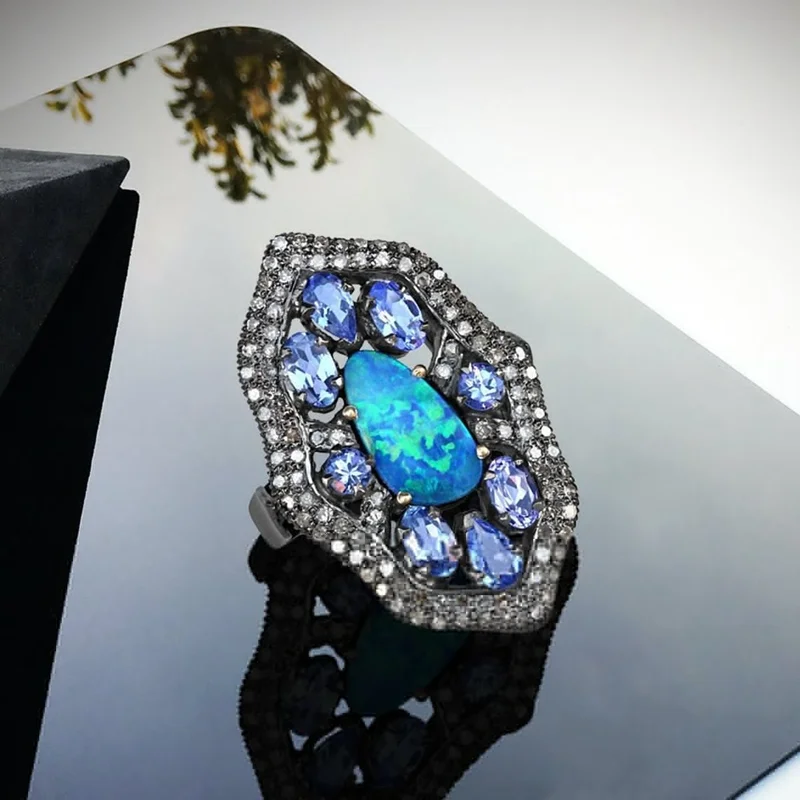 

Vintage Ethnic Style Geometric Blue Rings for Women Black Ring with Rhinestones Daily Wear Accessories Party Jewelry