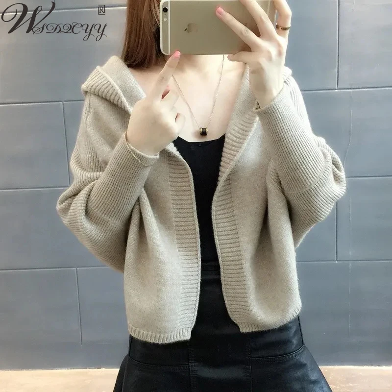 

Batwing Sleeve Sweater Cardigans Women Solid Hooded Knitted Cardigans Jacket Autumn Winter Loose Cropped Vintage Knitwear Top