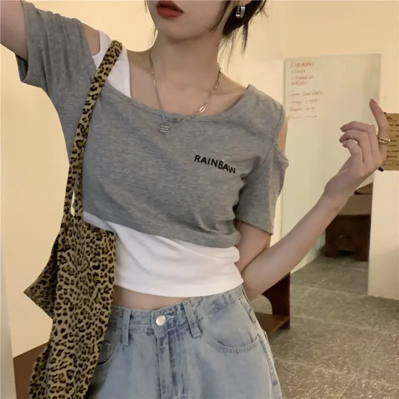 

Irregular Y2k Short Sleeve T-shirt Women's Summer Harajuku Large Size Slim Sexy Off Navel Half Sleeve Top Fashion Vest