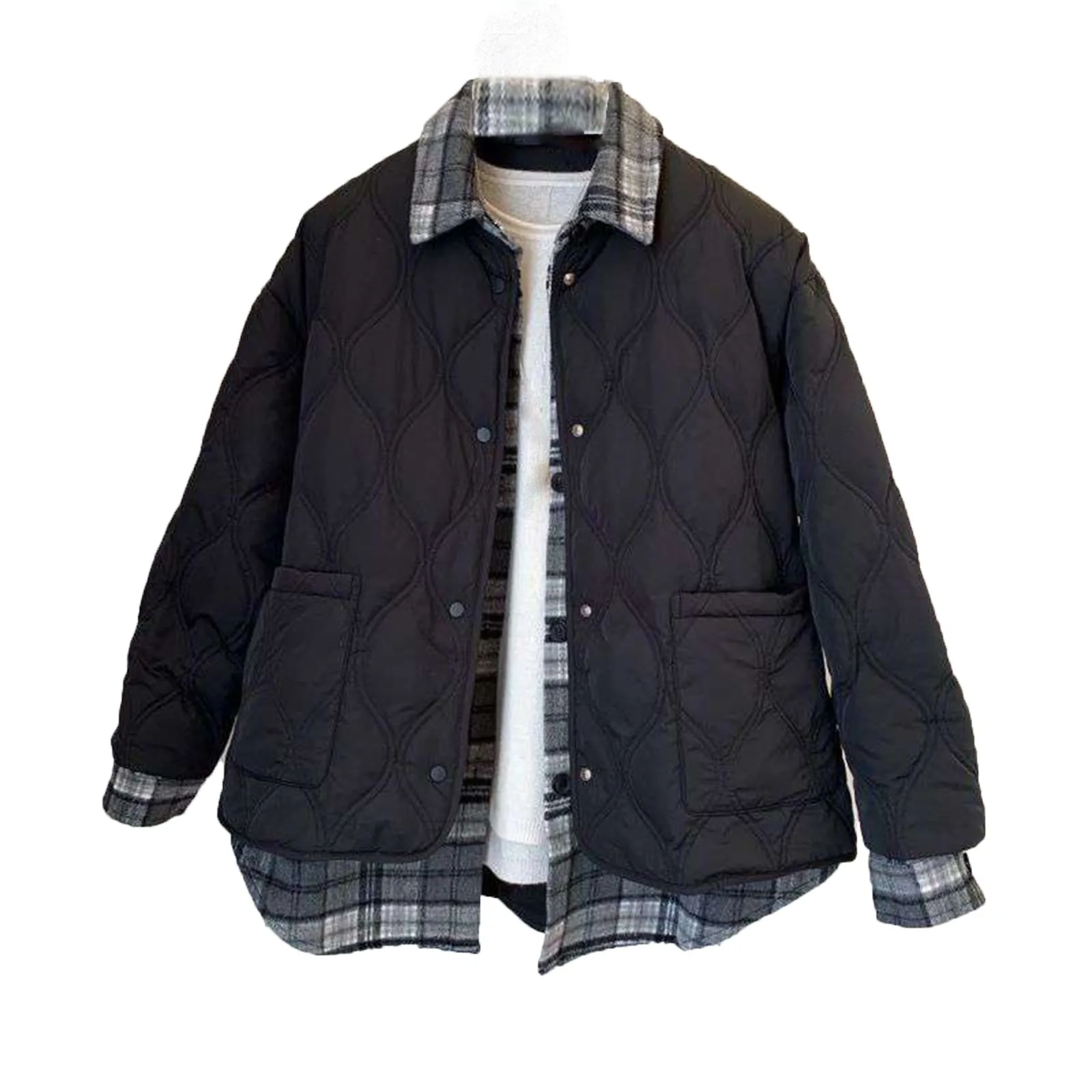 

Women's Lightweight Warm Jacket Plaid Fake Two Pieces Quilted Cotton Jackets Long Sleeve Top Cotton Jacket padded coats