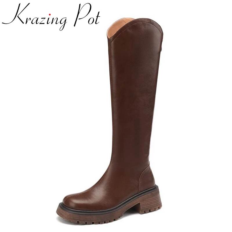 

Сапоги Krazing Pot из натуральной кожи с круглым носком на толстом высоком каблуке, сапоги для верховой езды на платформе в стиле K-POP, женские зим...