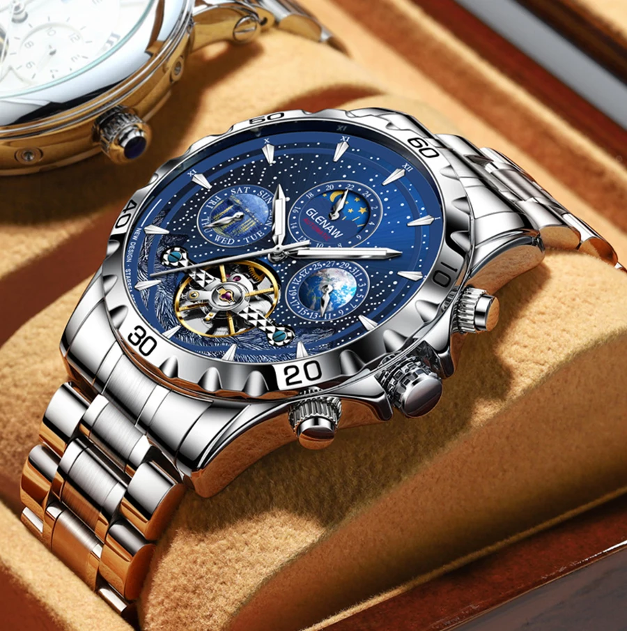 

Мужские автоматические часы-скелетоны, звездное небо, фаза Луны, светящиеся водонепроницаемые механические часы из нержавеющей стали для мужчин, 2023