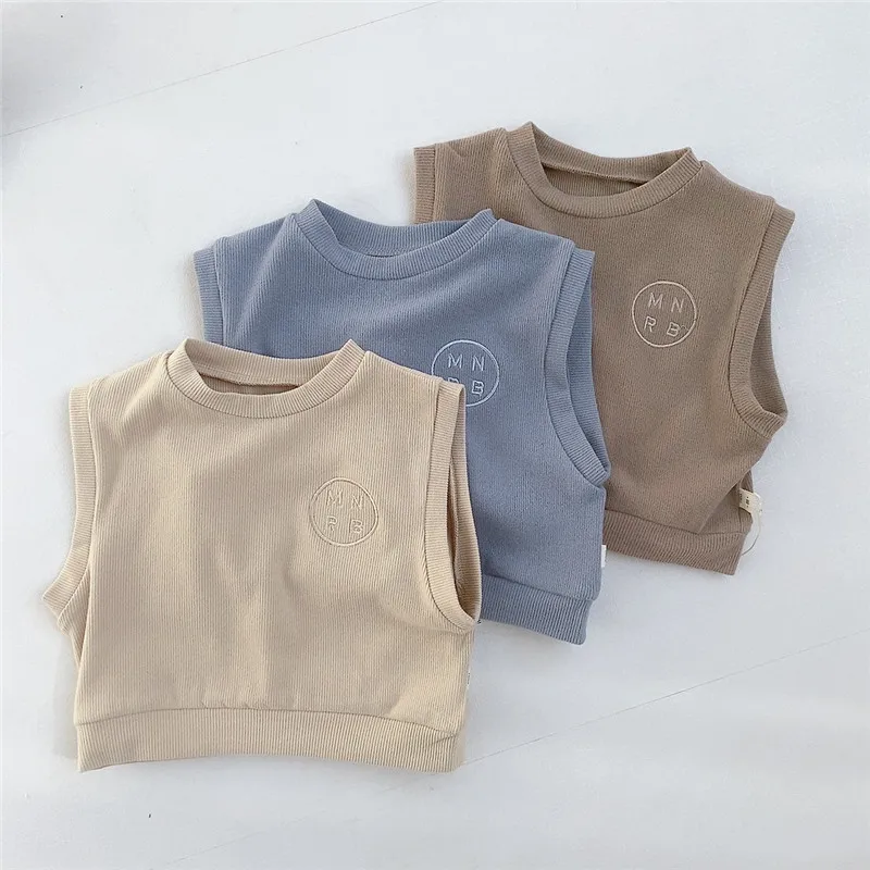 

2022 Autumn New Girl Infant Embroidery Letter Vest Boy Toddler Pure Color Sleeveless Waistcoats Children Cotton All-match Coat