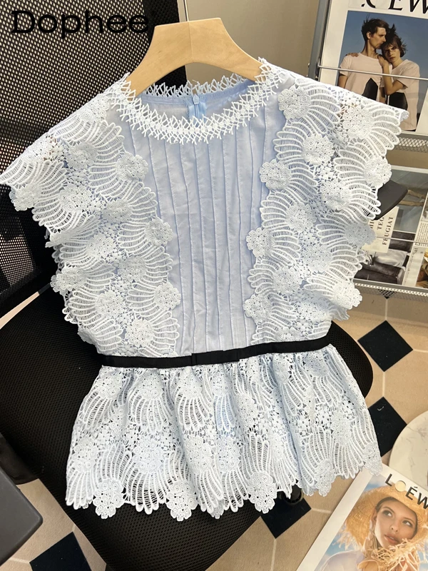 

2022 New Summer Sweet Temperament Slim-Fitting Patchwork Hollow Lace Blouse Women Blusas Round Neck Sleeveless Vest Shirt Tops