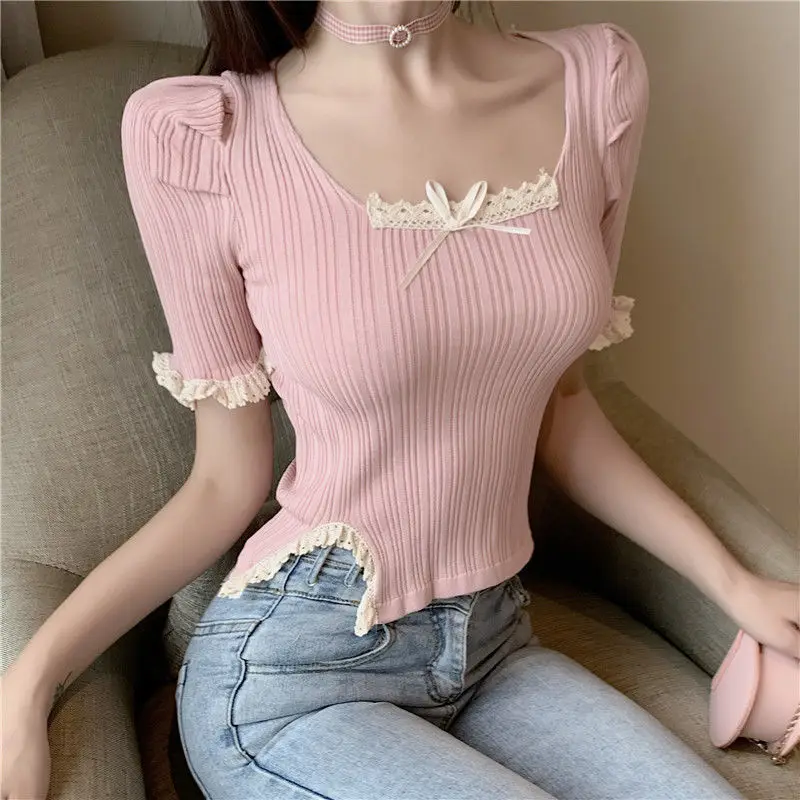 

Cropped V Neck Knitted Jacket Short Sleeve Girl Fashion Tops Slim Short Sweater Women Summer Clothing T-Shirt