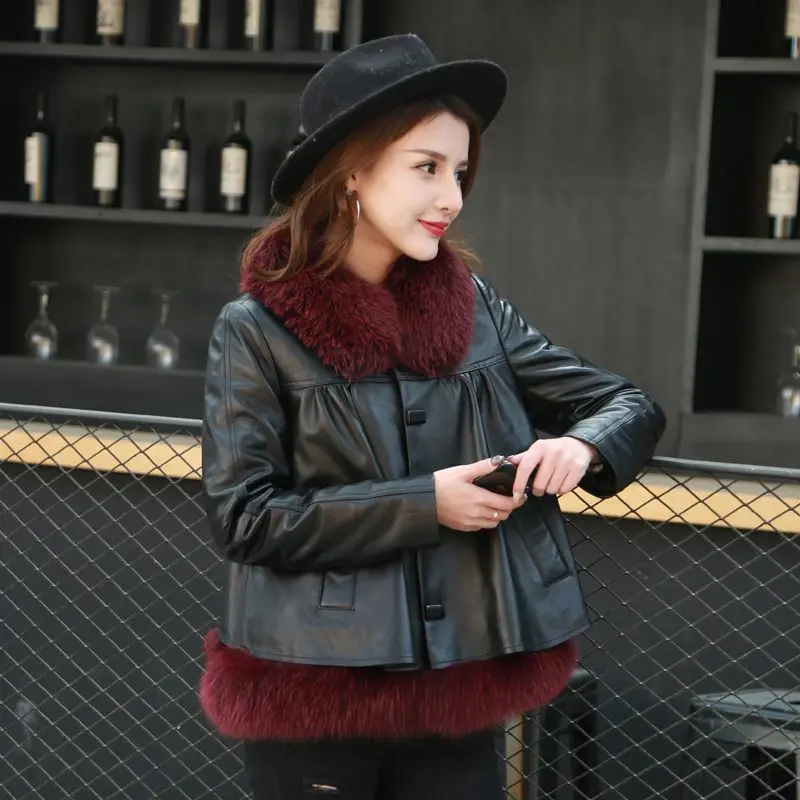 

2023 Genuine Leather Jacket Women Short Sheepskin Coat Winter Fox Fur Collar Coats Women's Clothing Fur Jacket Manteau Femme LM