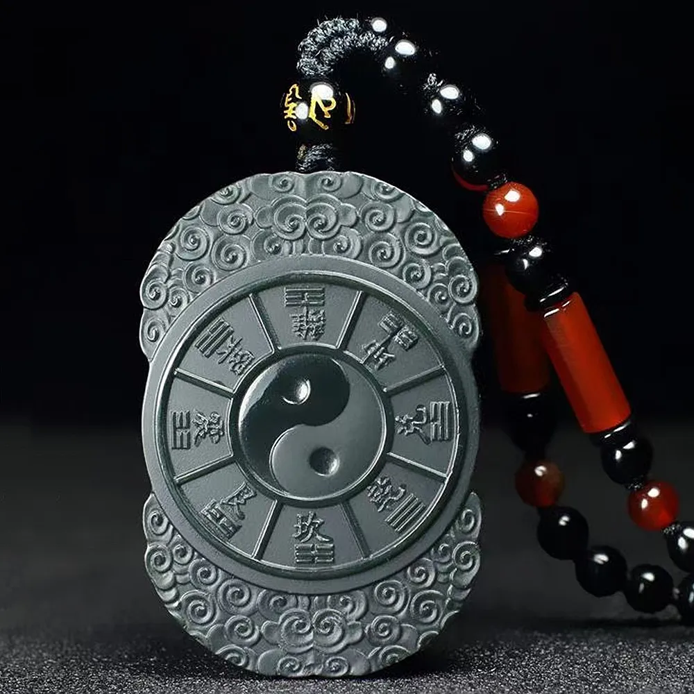 

Newest Natural Hetian Jade Reversing the Universe Tai Chi Gossip Double Sided Hand Carved Pendant Amulet Necklace Chain Jewelry