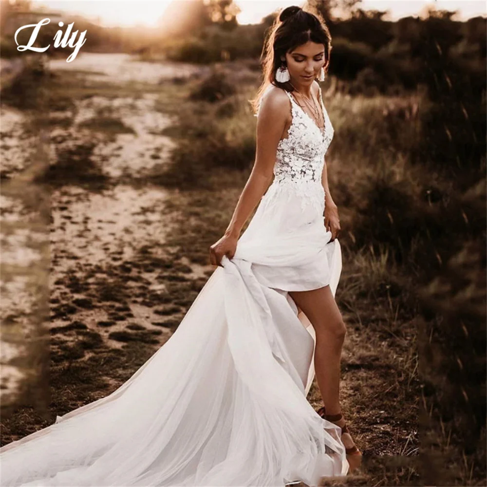 

Boho V Neck Wedding Dress Spaghetti Strap Appliqued Lace Beach Wedding Gown Sexy Backless Bride Dresses 2023 Свадебное платье