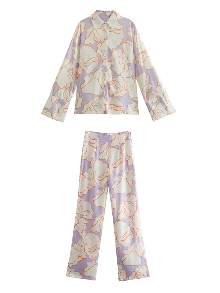 

Women Long Sleeve Shirt And Floral Print Pants Matching Sets 2022 Causal Loose Single Breasted Blouses Pant 2 Pcs Set Suits