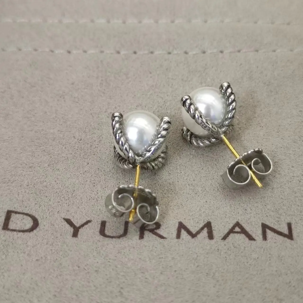 David Yurman Gold Hook Twisted Wire Buckle Pearl Earrings in Sterling Silver With 14K Yellow PlatedPlated