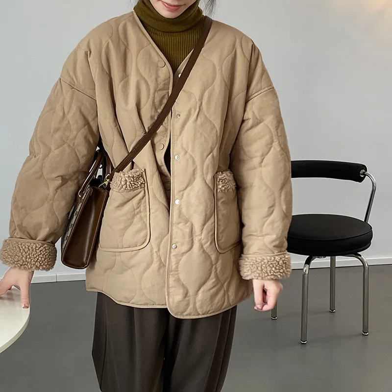 V-Neck Splice Lamb Wool Cotton Coat Women's 2022 Autumn and Winter Cotton Coat