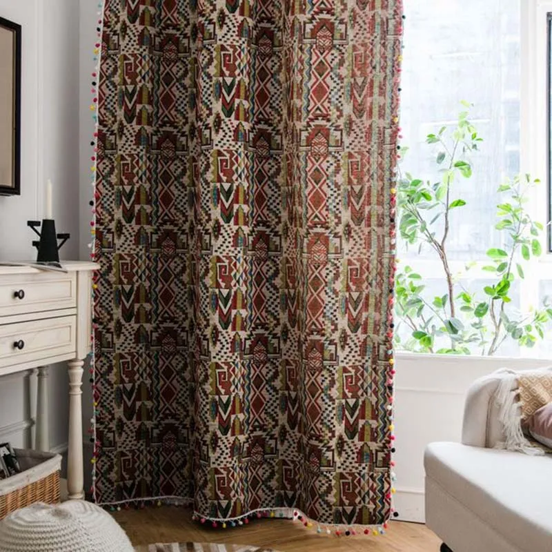 

Bohemian Jacquard Multicolor Geometric Window Curtains Tassel Darkening for Kitchen Livingroom Semi-Shading Sheer 1 Panel TJ7861