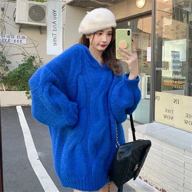 

Korean Blue Hooded Pullover Sweater Women's Autumn and Winter Loose Outerwear Retro Warm Soft Casual Top Sueters De Mujer