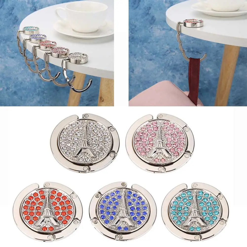 

Portable Metal Handbag Hanger Diamond Folding Table Hook For Handbag Bag Purse Clothing Accessories With Trendy Rhinestone