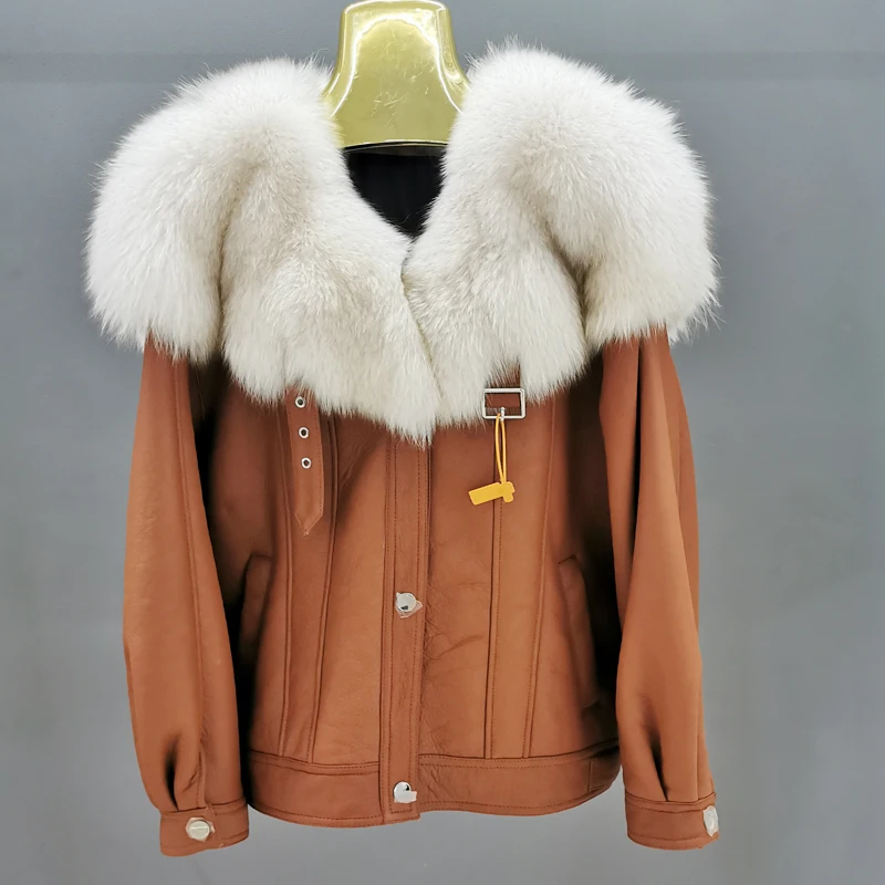 Winter Jackets For Women's Leather Coats With Real Big Fox Fur Collar Genuine Sheepskin Leather With Lamb Fur Outwear  jackets