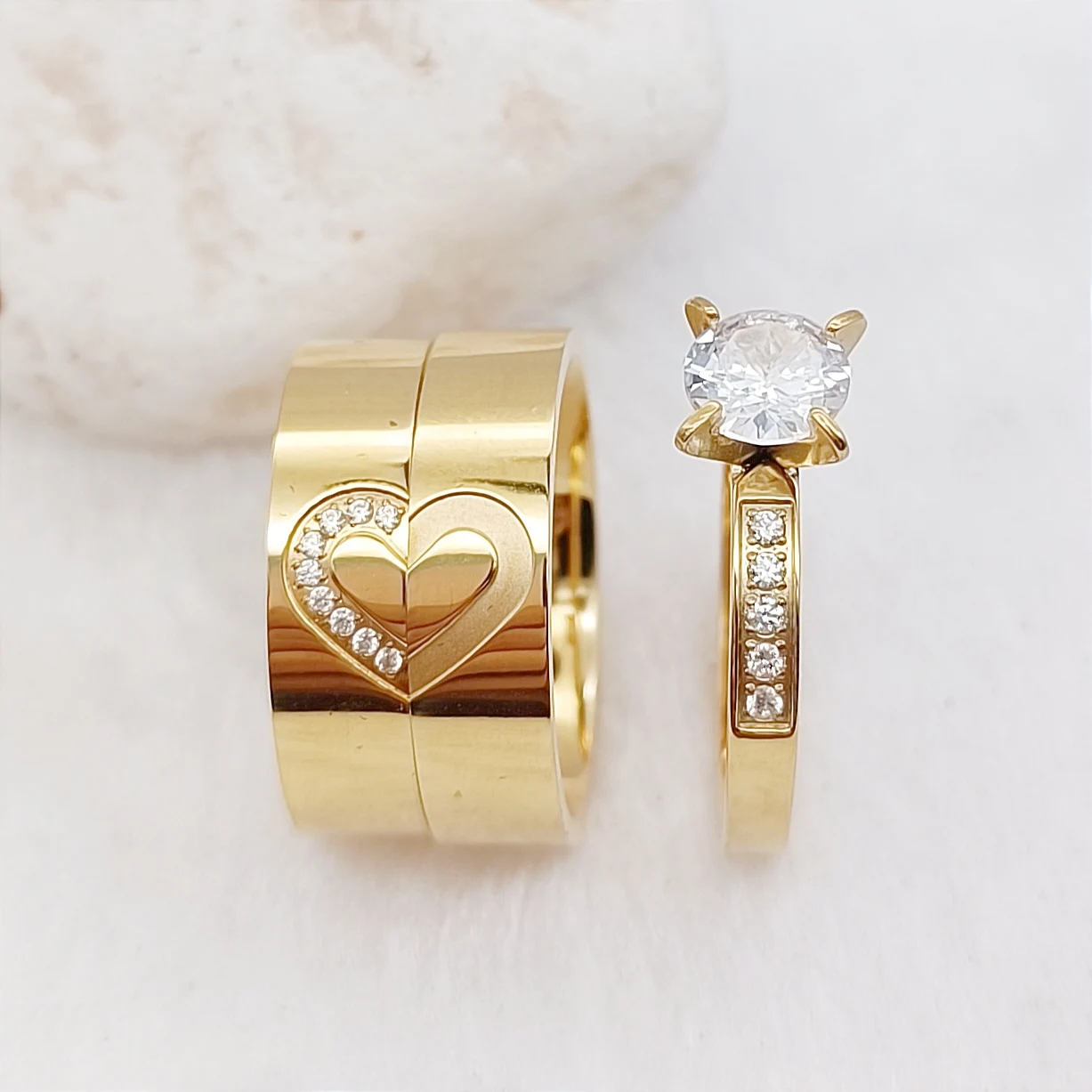 

Love Heart 3pcs Promise Couples Wedding Engagement Rings Sets For Men and Women 24k Gold Plated Jewery Marriage Ring