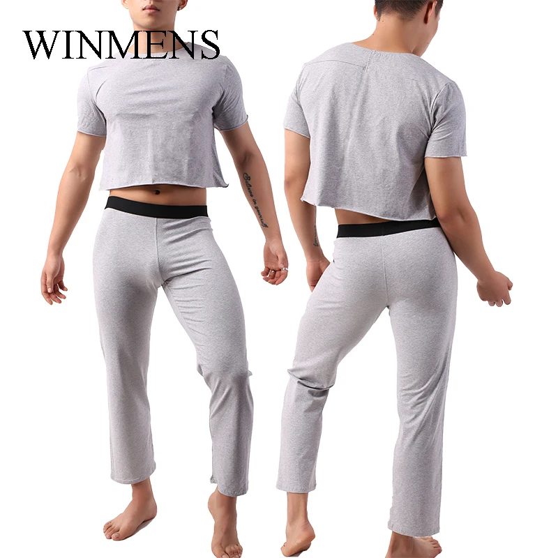 Men's Cotton Pajama Set Youth Midriff-baring Tops+Long Pants Loungewear Male Comfortable Homewear Causual Clothing For Gym