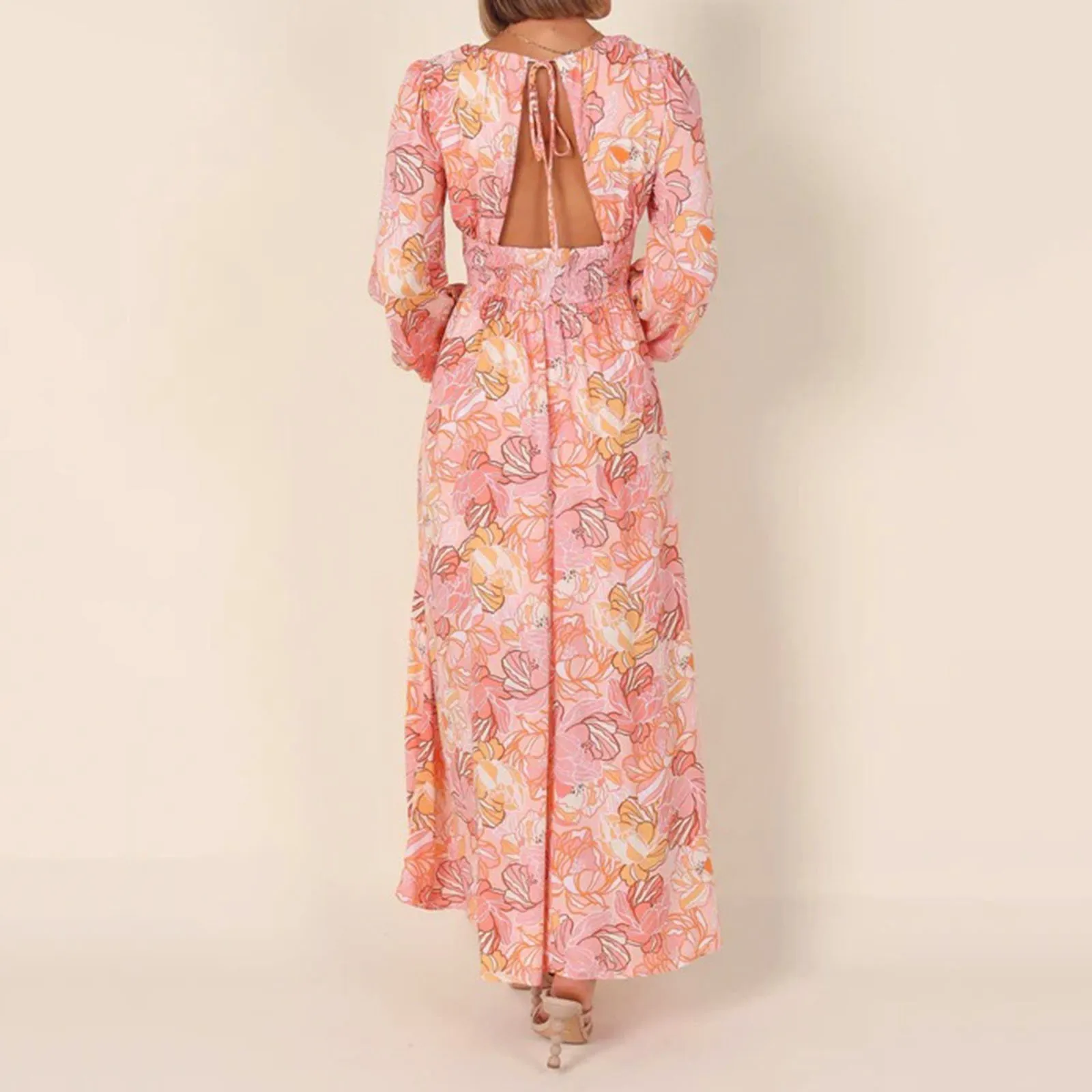 

Женское Повседневное платье с бахромой, модное Повседневное платье с принтом и открытой спиной, сексуальное платье с длинным рукавом и глуб...