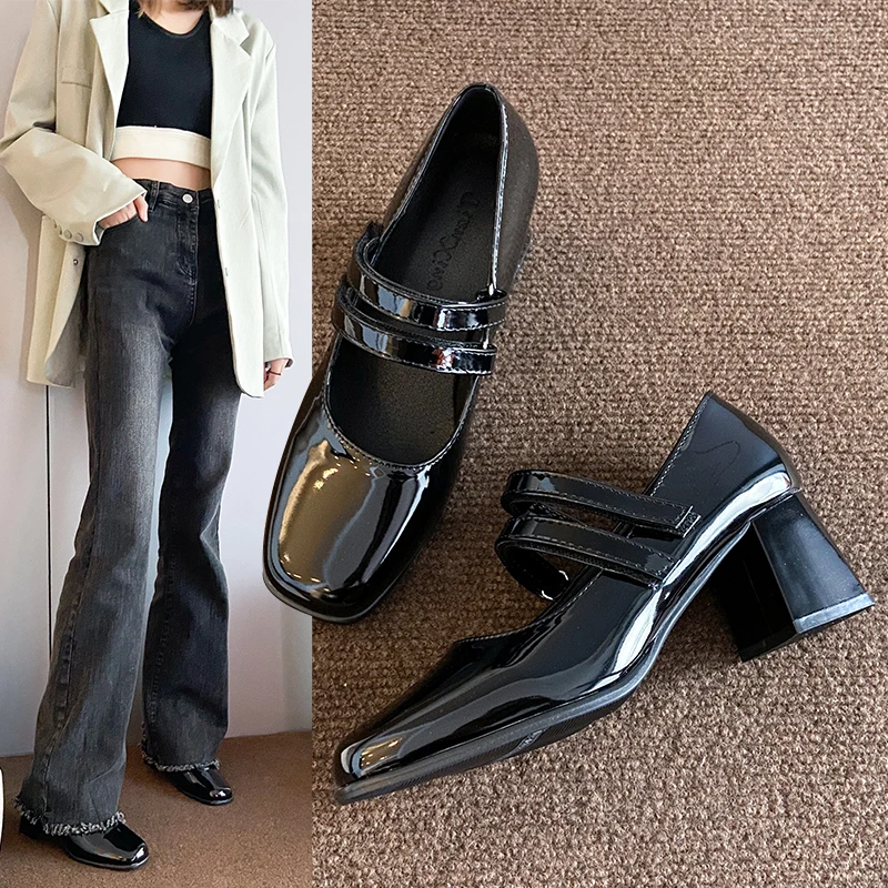 

Spring Autumn Women Double Buckle Mary Janes Shoes Patent Leather Dress Shoes High Heels Pumps Retro Ladies Shoe Black Red