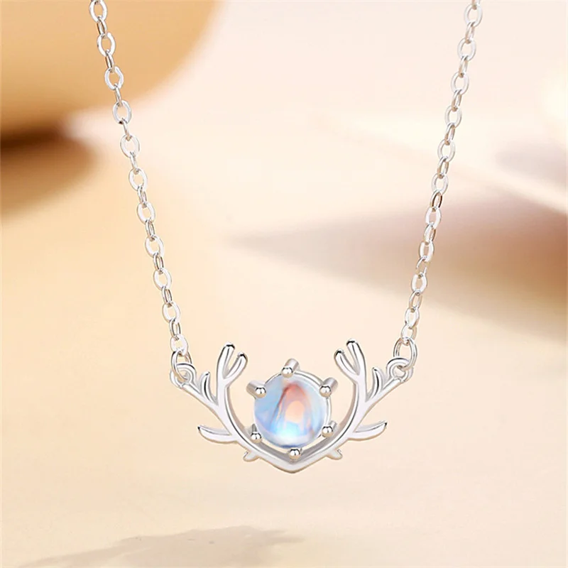 

Top Quality 925 Sterling Silver Clavicle Chain Female Jewelry Fashion Luxury Moonstone Antler Pendant For Lady Christmas Gift