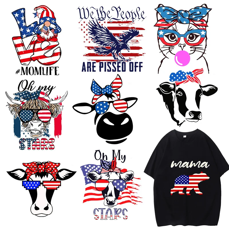 

American Flag Animal Heat Transfer Print Iron On Clothes Decorative Cartoon Animal Vinyl Stripe Patch