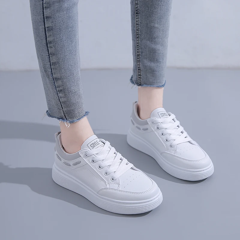 New Classic White Leather School Sneakers Women Comfortable PU Breathable Shose Women Outdoor Walking Non Slip Women Flat Shoes