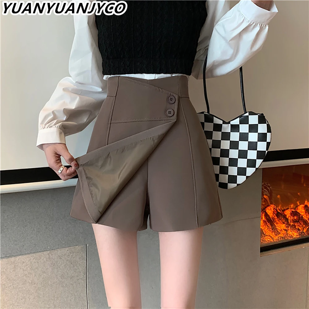 

YUANYUANJYCO Korean Style High Waist Black Shorts Women Elegant Fashion Patchwork Spring Buttons Loose Coffee Short Bottoms