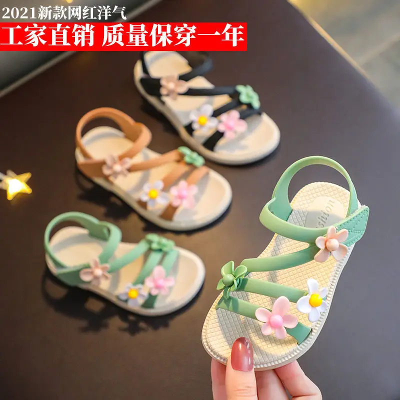 

Summer Little Girls Sandals 2022 New Flower Cute Pink Green Children Sandals Toddler Baby Soft Casual School Girl Shoes