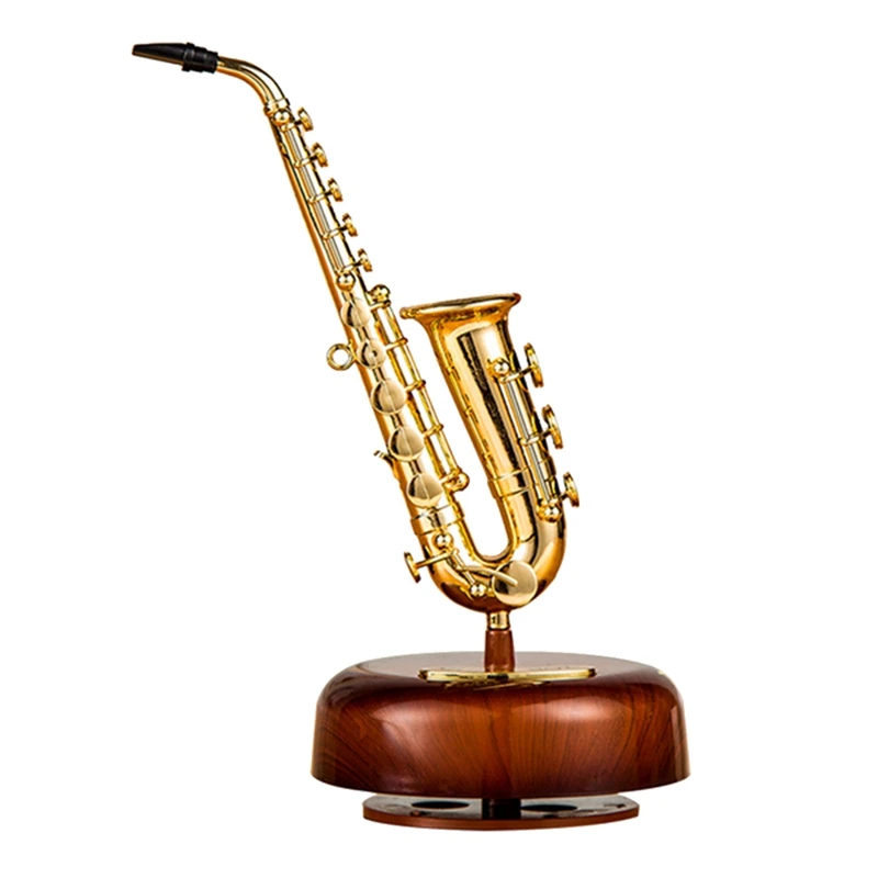 

Музыкальная шкатулка для саксофона, Классическая Музыкальная шкатулка с вращающимся основанием, латунный ветровой инструмент, миниатюрная Музыкальная шкатулка, подарок