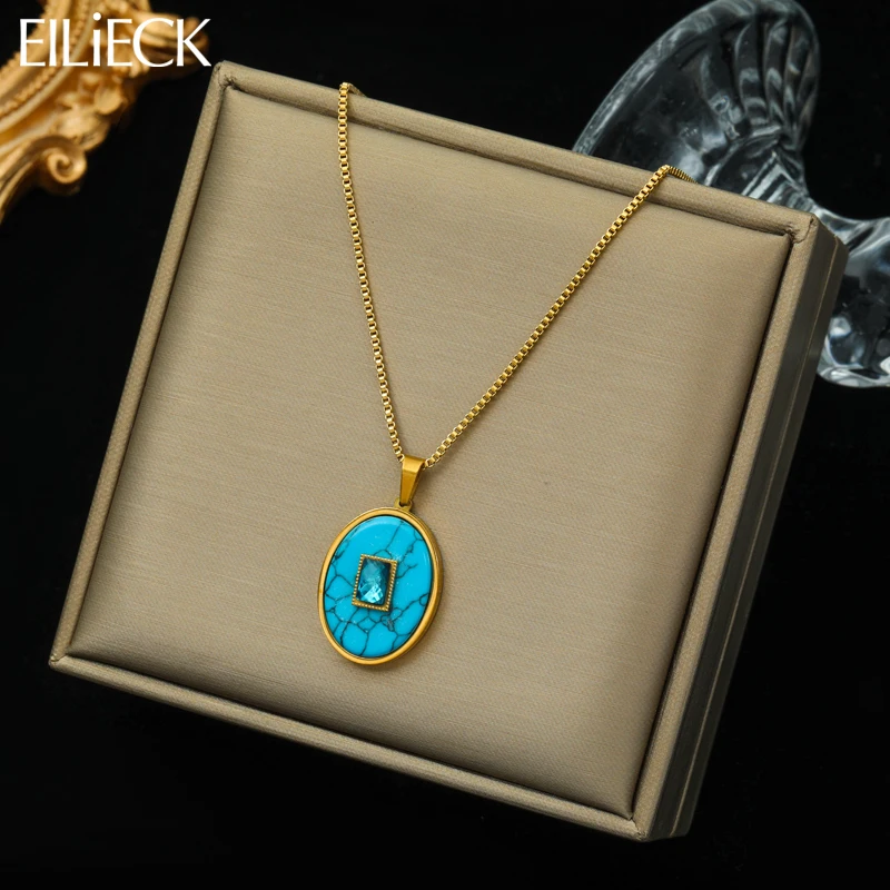 

EILIECK 316L Stainless Steel Luxury Green Stone Pendant Necklace For Women New Vintage Clavicle Chain Jewelry Lady Gift Party