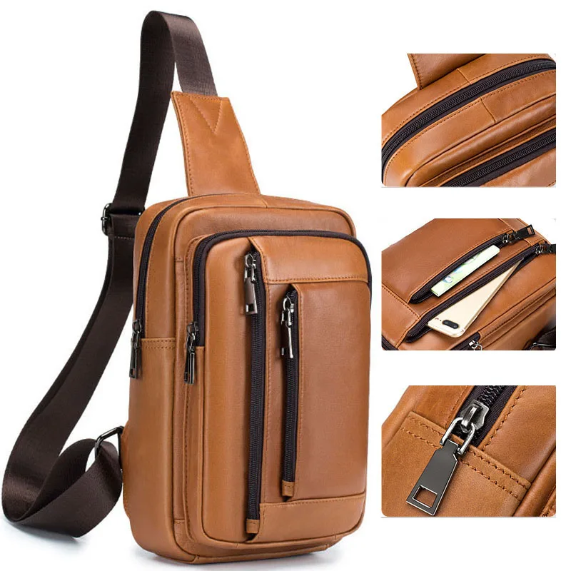 

Messenger Men's Top Genuine Pack Crossbody Cowhide Shoulder Waterproof Bag Sling Chest For Male Bag Travel Layer Bag Leather